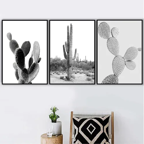 Vista 2 de VLOLIFE Lienzo minimalista nórdico de plantas verdes suculentas, arte en lienzo, póster de cactus blanco y negro, pinturas de pared, sala de estar