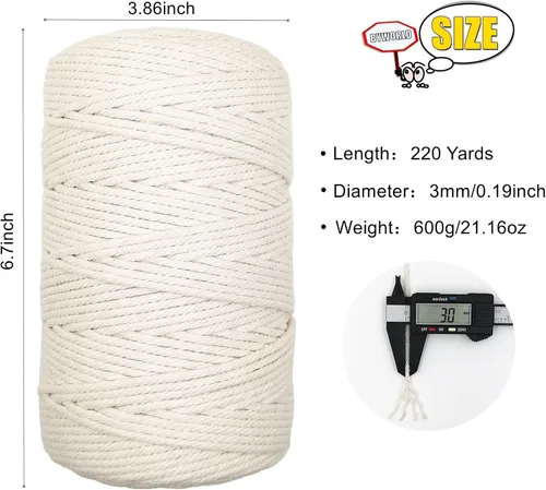Vista 2 de Cuerda de macramé de 0.118 in para 220 yardas, cuerda de algodón de 68.8 pies, cuerda de macramé de color 100% natural para kit de macramé, ganchos