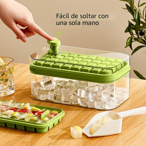 Vista 4 de Bandeja para cubitos de hielo con tapa y contenedor, paquete de 2 para congelador, molde para 64 cubitos de hielo (verde)