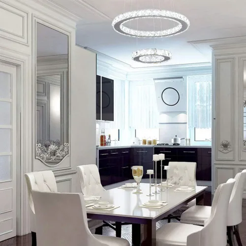 Vista 5 de Candelabros modernos de cristal, regulables, redondos, con control remoto, 2 anillos, lámpara colgante de techo LED para vestíbulo, comedor, sala