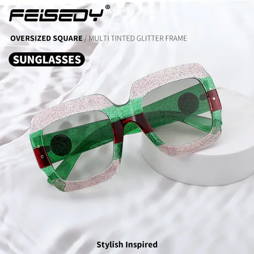 Vista 4 de Feisedy B2276 Gafas de sol cuadradas de gran tamaño con marco de brillantina multicolor