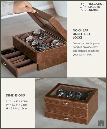 Vista 6 de TAWBURY Organizador de caja de reloj con 8 ranuras para hombre, funda de lujo de piel sintética con cajón Caja de reloj para hombres Estuche