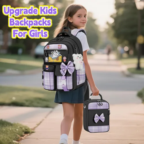 Vista 6 de Mochila para niñas con juego de lonchera, 5 piezas, color negro, linda mochila Kawaii para adolescentes, mochila escolar estética para primaria