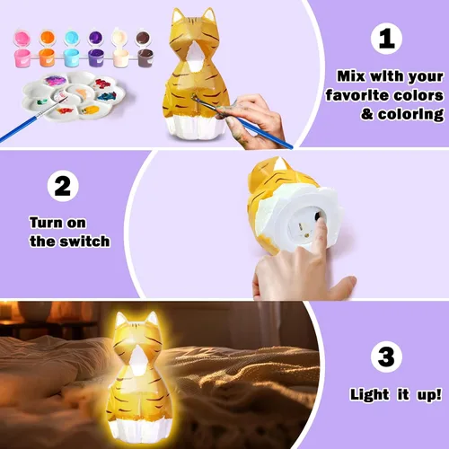 Vista 5 de FUNZBO 2 piezas Pintar tu propia lámpara de gato - Suministros de arte y manualidades, kits de pintura de gatitos para niños y adolescentes, juguete