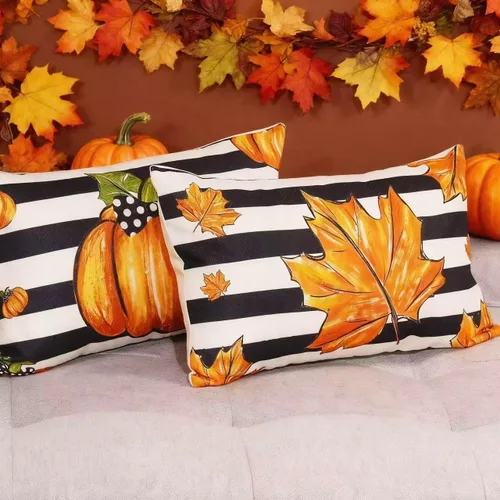 Vista 4 de Juego de 2 fundas de almohada de calabaza otoñal de 12 x 20 pulgadas, fundas de almohada decorativas de otoño con rayas de arce para sofá