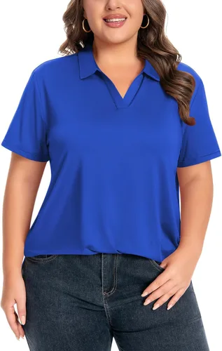 Vista 7 de Idtswch Camisa polo de manga corta con cuello en V para mujer, de secado rápido, UPF 50+, informal, para trabajo, golf, talla XL - 6XL
