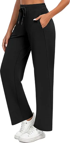 Vista 2 de Locoowai Paquete de 2 pantalones deportivos casuales de pierna ancha para mujer, con cordón en la cintura, holgados, pantalones de yoga sueltos