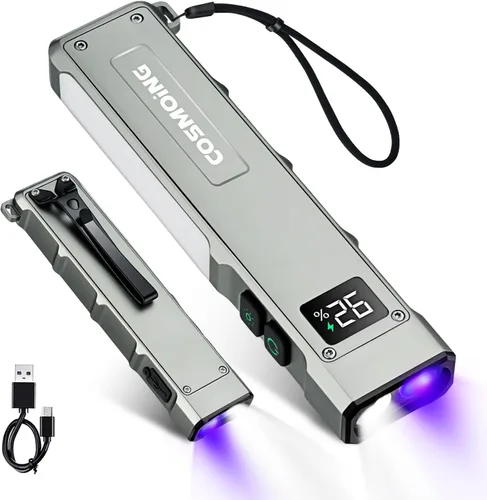 Vista 8 de Linterna EDC recargable, linterna plana de 1800 lúmenes, 9 modos con modos LED blanco/UV/RGB, luces de bolsillo magnético con clip para campamento