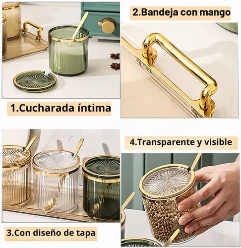 Vista 5 de Frascos Acrílicos para Condimentos y Especias, Caja de Condimentos y Especias con Tapas y Cucharas y Bandeja, Recipientes de Plástico Transparente