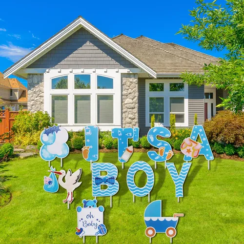 Vista 7 de 11 letreros grandes con estacas con diseño de texto en inglés "It's A Boy", color azul, decoración de revelación de género para baby shower, letrero