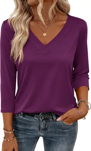 Vista 14 de Zeagoo Camisetas de manga 3/4 para mujer, cuello en V, blusa casual elegante, camisetas básicas 2026, ropa de moda S-2XL