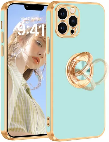 Vista 10 de Fingic - Funda para iPhone 13 Pro Max con soporte giratorio de 360° Shiny Gold Edge Slim Soft TPU Shockproof Protective Phone Case for Women Men