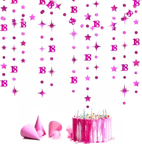 Vista 16 de Decoración de cumpleaños número 18 en negro, número 18 con punto circular, guirnalda de estrellas centelleantes, banderines de serpentina metálica