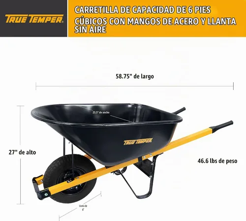 Vista 3 de Carretilla de acero True Temper con neumático nunca plano y asas de acero, 6 pies cúbicos