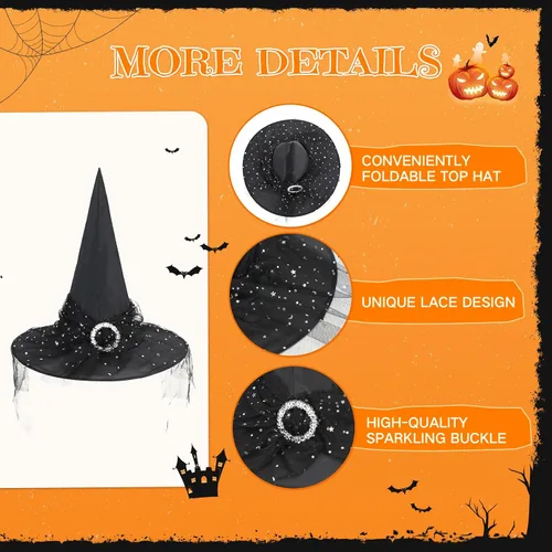 Vista 4 de American Trends Sombrero de bruja de Halloween para mujer, accesorio de disfraz de Halloween de encaje para fiesta