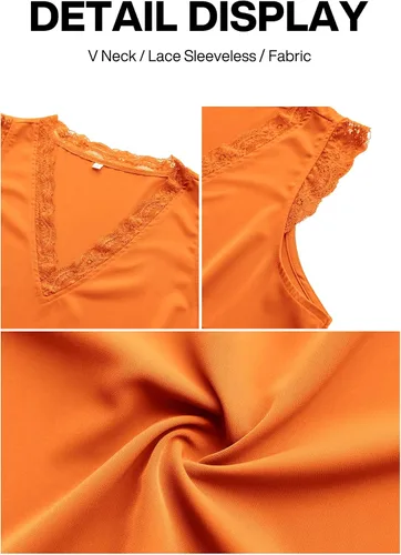 Vista 47 de VIISHOW - Camiseta sin mangas, sexy, con cuello en V y bordes de encaje para mujer, camisola de vestir, camisas de gasa, sin mangas, casuales