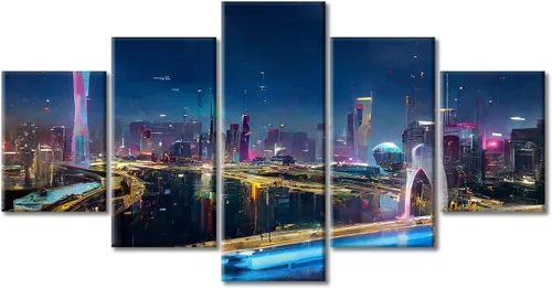 Vista 305 de Cuadros de 5 paneles de Cyberpunk City, arte de pared, representación de vallas publicitarias, edificios modernos en la capital con obras de arte