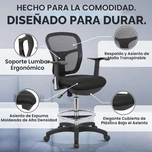 Vista 5 de Silla de dibujo con anillo para el pie, taburete de redacción con respaldo de malla, altura ajustable, brazos extraíbles silla giratoria para Negro