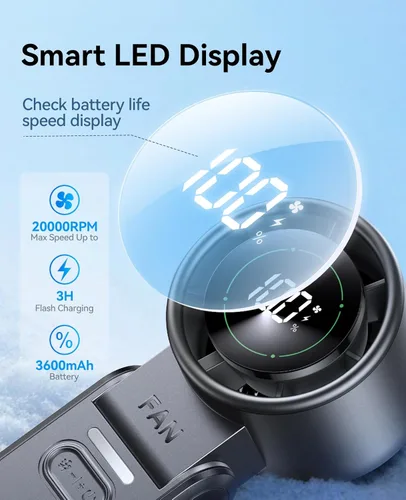 Vista 6 de KIMMOO Ventilador Turbo Portátil de Mano 3 en 1 - 100 Velocidades, 13500 RPM, 12 Horas de Refrigeración, Pantalla Digital, Rotación de 120°, Mini