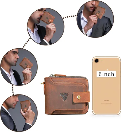 Vista 6 de Handadsume Genuino caballo loco cuero viaje regalo moneda bolsillo tarjeta caso largo organizador cadena Rfid monedero con broche para hombres