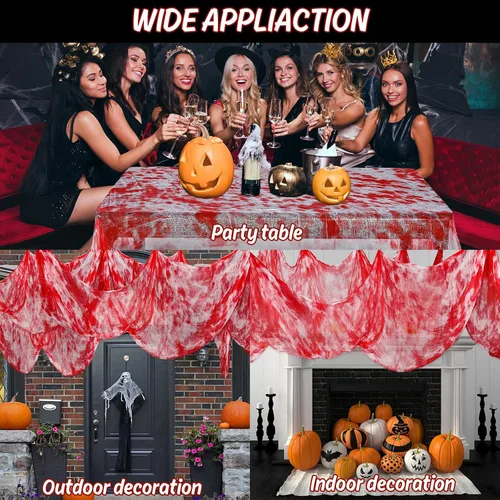 Vista 6 de Whaline Tela de gasa espeluznante roja de Halloween de 276 x 87 pulgadas, decoración de Halloween para casas embrujadas, suministros de fiesta