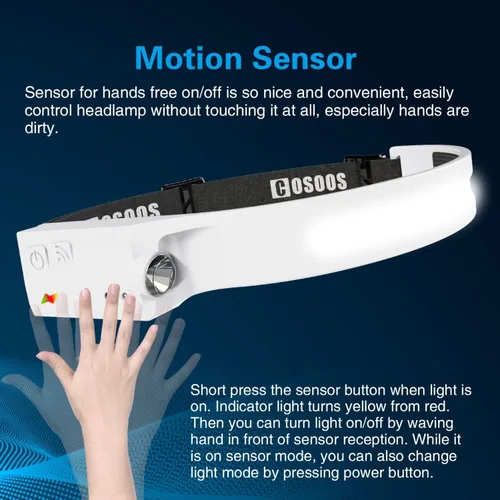 Vista 5 de COSOOS Linterna LED recargable, linterna brillante para exteriores de 1000 lúmenes, haz ancho y luz puntual, sensor de movimiento, diadema ligera