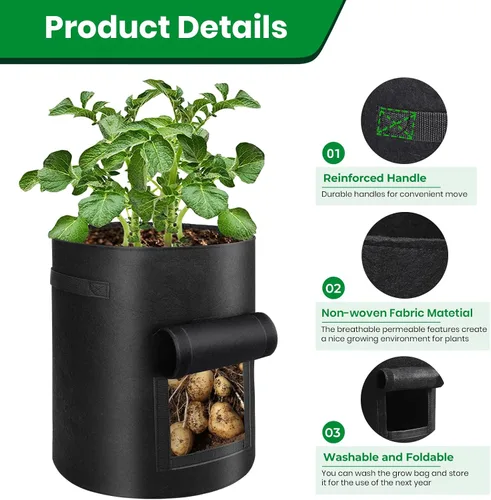 Vista 3 de Paquete de 6 bolsas de cultivo de papas, bolsas de plantación de 10 galones, macetas grandes de tela con ventana de solapa, maceta de jardín, Negro