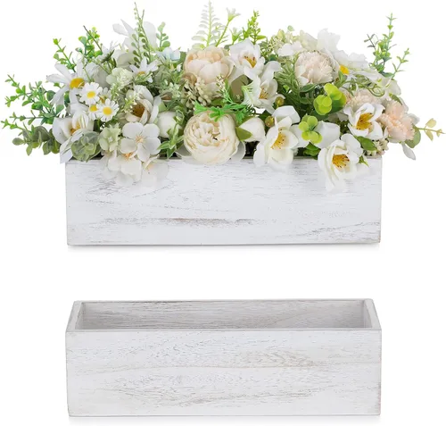 Vista 14 de NUPTIO - Centro de mesa en caja de madera: 2 piezas de 11.8" de largo, jardineras rectangulares de madera - Jarrón de flores de granja para boda