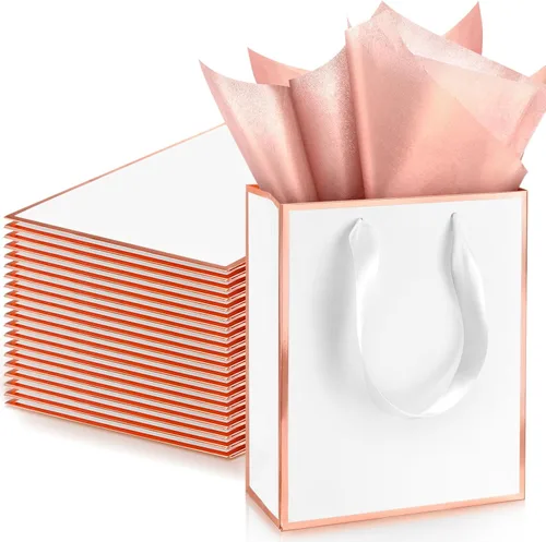 Vista 21 de Yeaqee Paquete de 24 bolsas de regalo de papel metálico con asa y tejido de 9 x 7 x 3.1 pulgadas, papel de aluminio dorado, bolsas de agradecimiento