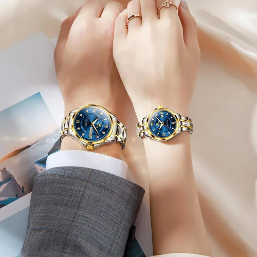 Vista 32 de OLEVS Reloj para parejas para él y ella, reloj analógico de cuarzo para hombres y mujeres, de acero inoxidable, impermeable, luminoso, fecha, reloj