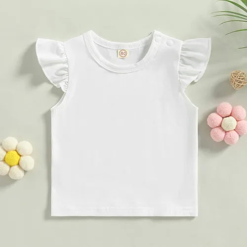 Vista 2 de Camiseta básica de manga corta con volantes para niñas pequeñas, ropa casual de verano