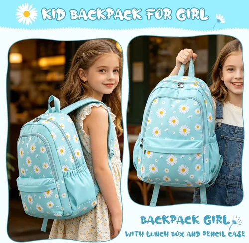 Vista 6 de Backpack for Girls, Kids Backpack Set with Lunch Box & Pencil Bag Margarita azul