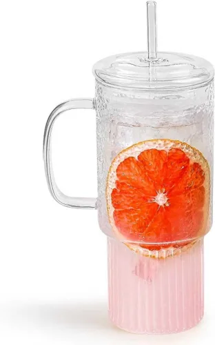 Vista 8 de Vaso de vidrio de borosilicato acanalado de 32 onzas con asa, tapa de bambú y popote (transparente, 1 unidad, tapa de bambú)
