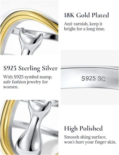 Vista 4 de SILVERCUTE Women Cat Ring 925 Sterling Silver 18K Gold Plated Cat on The Moon Cute Wrap Ring Adjustable