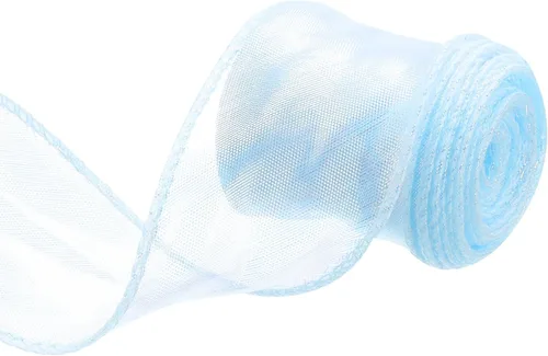 Vista 17 de MECCANIXITY - Cinta de organza con cable de 1 1/2" de ancho, brillante, transparente, con brillo irisado en tonos pastel, cinta de gasa para Beige