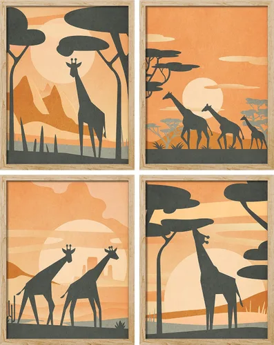 Vista 180 de SIGNWIN Marco de arte de pared de jirafa de safari africano, juego de 4 impresiones coloridas de paisaje, decoración de pared de naturaleza