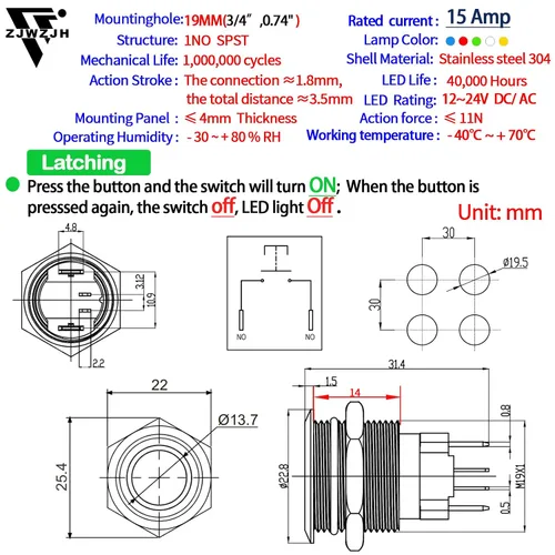 Vista 2 de Interruptor de botón de cierre de 15 amperios 19 mm 3/4 "agujero 12V/24V CC impermeable IP67 SPST de acero inoxidable 304 interruptor