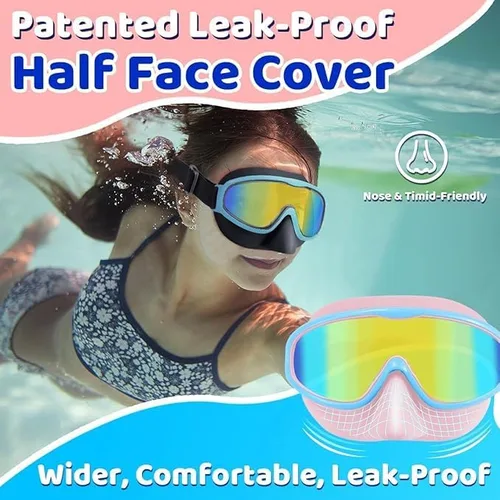 Vista 4 de Vvinca Kids Swim Goggles with Nose Cover Comfort Fabric Strap, Wide View Diving Mask Anti-Fog/UV Swimming Goggles for 3-14