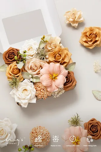 Vista 4 de Ling's moment Caja de flores falsas, tallos de vegetación artificiales artificiales, rosas de espuma, dalia, gardenia, tulipán, flor fábica de seda