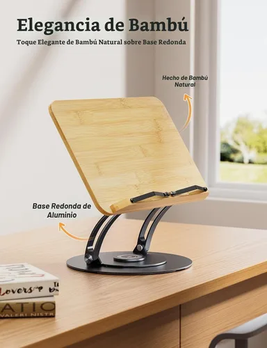 Vista 3 de Nulaxy Bamboo 360 - Soporte giratorio para libros de lectura, soporte ajustable para libros de texto para leer manos libres, soporte plegable
