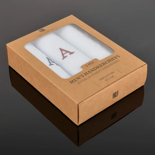 Vista 5 de Pañuelo inicial para hombre, monograma en caja, 3 piezas, 100% algodón Una inicial