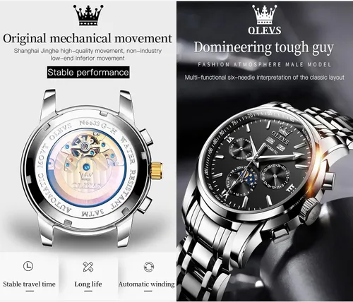 Vista 4 de OLEVS Man Automatic Watches Automatic Mechanical Tourbillon Waterproof Business Watch Stainless Steel Case Strap Day Date Sun Moon Phase Window
