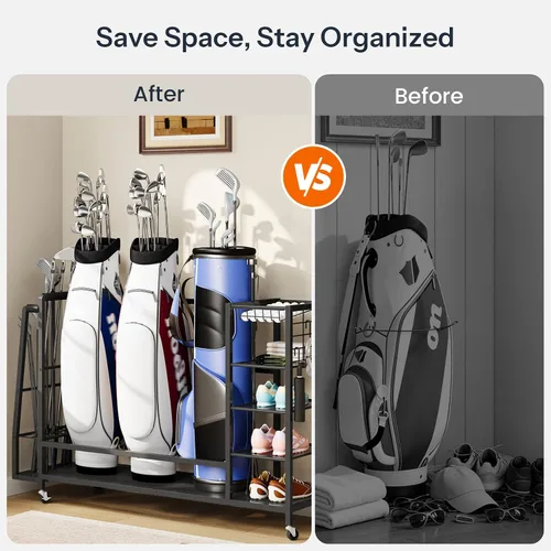 Vista 5 de HOOBRO Golf Bag Storage Garage Organizer, Golf Bag Storage Stand Fits 3 Golf Bags and Golf Equipment Rack with Wheels, Extra Storage Rack for