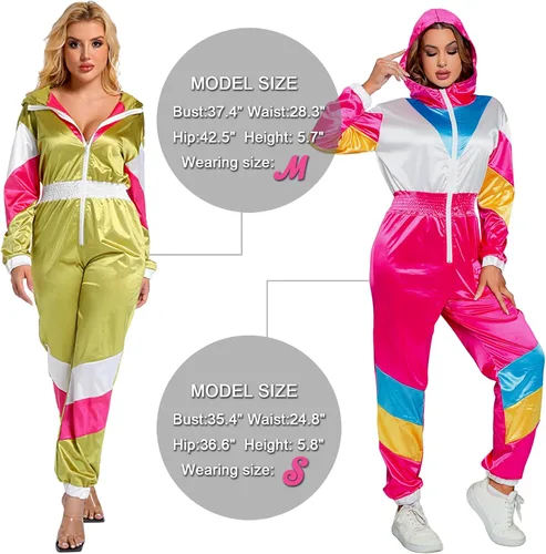 Vista 7 de Yisfri Traje retro de una pieza con bloques de color para mujer, traje retro de los años 80 con cintura elástica con capucha