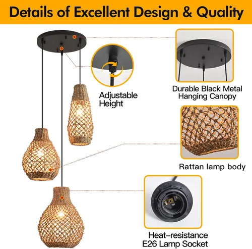 Vista 6 de Lámpara colgante de ratán de 3 luces, estilo bohemio, tejido de mimbre, costero, para colgar en el techo, para cocina, isla, sala de estar, comedor