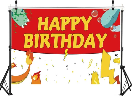 Vista 4 de Telón de fondo de dibujos animados de cumpleaños de 5.9 x 3.6 pies, fondos de fotografía rojos y blancos para niños, suministros de fiesta de feliz