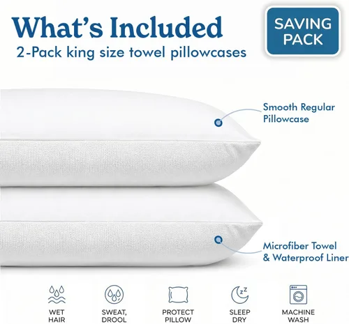 Vista 2 de DryZzz Juego de 2 fundas de almohada impermeables de tamaño King de 35 x 19 pulgadas, absorbente de doble cara para cabello húmedo y seco, poliéster