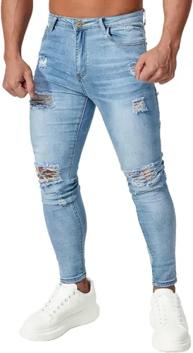 Vista 5 de HUNGSON Pantalones de mezclilla ajustados rasgados para hombre