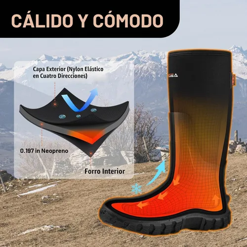 Vista 5 de HISEA Botas de lluvia mejoradas para hombre, botas de goma de neopreno aisladas impermeables con vástago de acero, botas de trabajo duraderas Negro