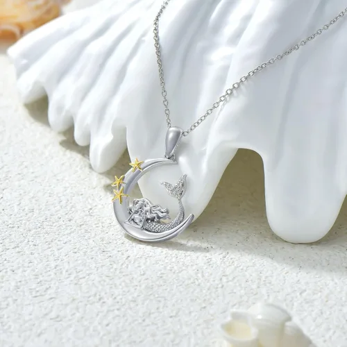 Vista 5 de LWXIE Diamond Moon Necklace for Women 925 Sterling Silver Black CatPandaSquirrelMermaidAxolotl Moon Graduation Friendship Necklace Talisman Diamond